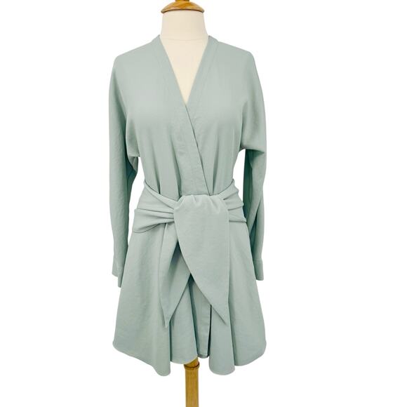 Tibi Womens Chalky Drape Long Sleeve Wrap Mini Dress in Ash Green Size 6 - Picture 6 of 16